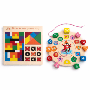 smart play combo – wooden clock & 3 in 1 puzzle board (2–6 years)