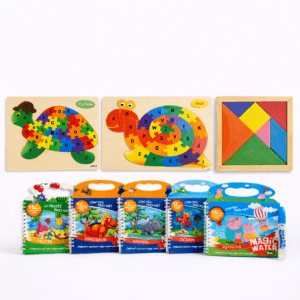 Home alphabet learning combo – wooden alphabet puzzle, magic water book & tangram mini (2–6 years)