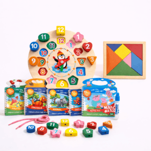 learning combo – wooden clock, magic book & tangram mini (2–6 years)